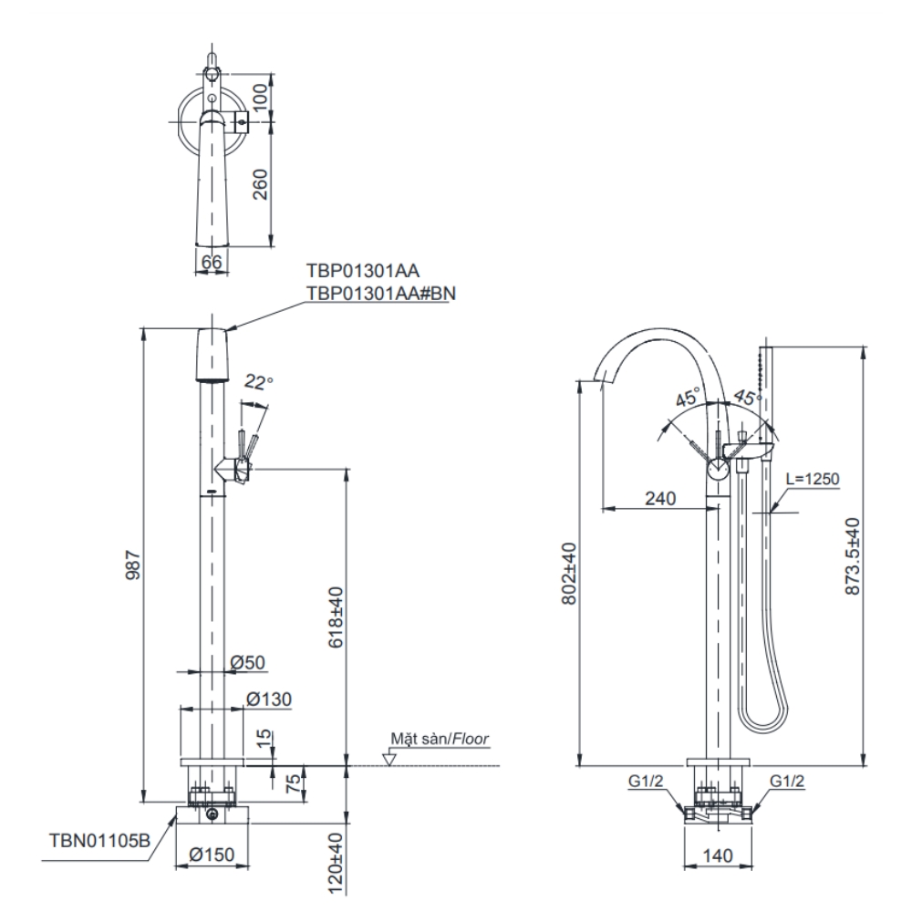 Vòi xả bồn tắm TOTO TBP01301AA đặt sàn nóng lạnh