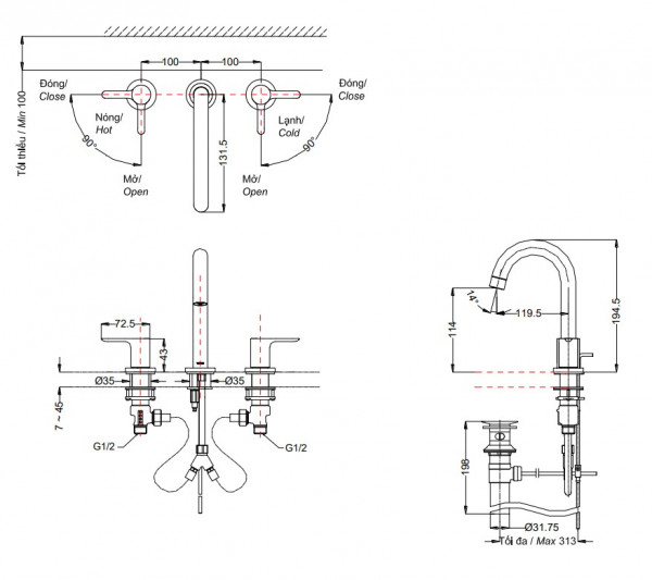 Vòi lavabo nóng lạnh LB TOTO TLS01201BA - 2