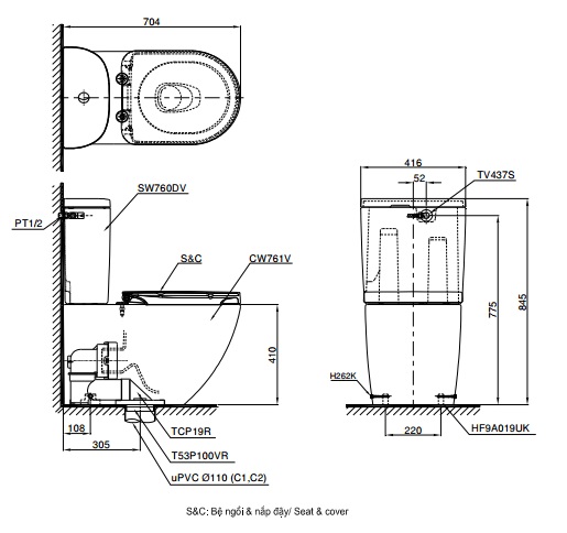 Bồn cầu nắp rửa cơ thoát ngang TOTO CS761PDE5