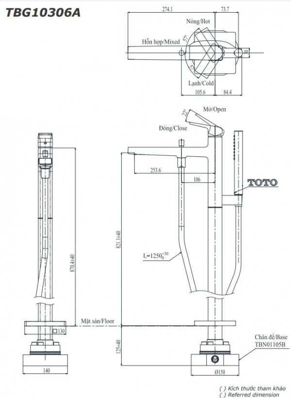 Vòi xả bồn tắm TOTO TBG10306AA TBN01105B đặt sàn nóng lạnh (kèm đế) - 2