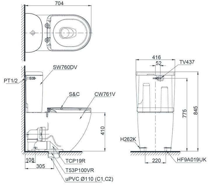 Bồn cầu 1 khối nắp rửa điện tử S7 TOTO CS761DW5