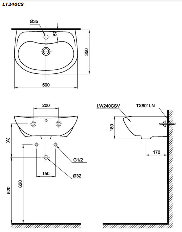 Chậu lavabo treo tường TOTO LT240CS - 2