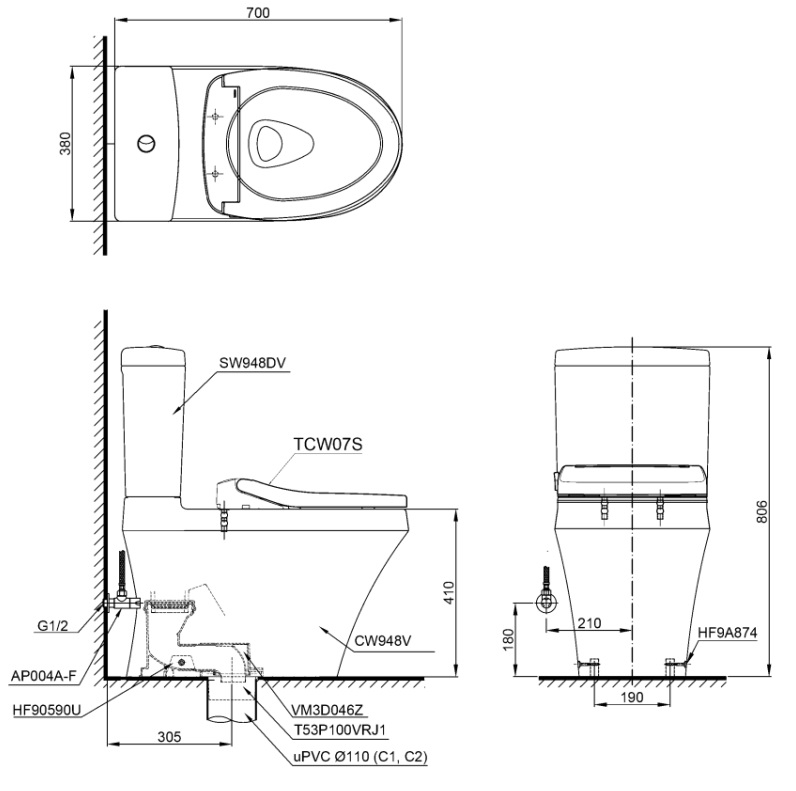 Bồn cầu TOTO CS948DE2 2 khối nắp rửa cơ TCW07S - 2