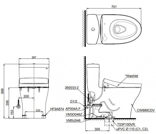 Bồn cầu TOTO MS889CDRW15 1 khối nắp điện tử Washlet C5 TCF24460AAA giấu dây - 2