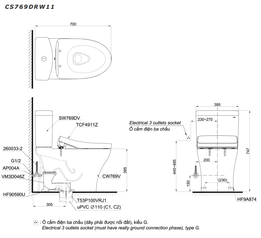 Bồn cầu TOTO CS769DRW11 2 khối nắp điện tử Washlet S7 TCF4911Z - 12