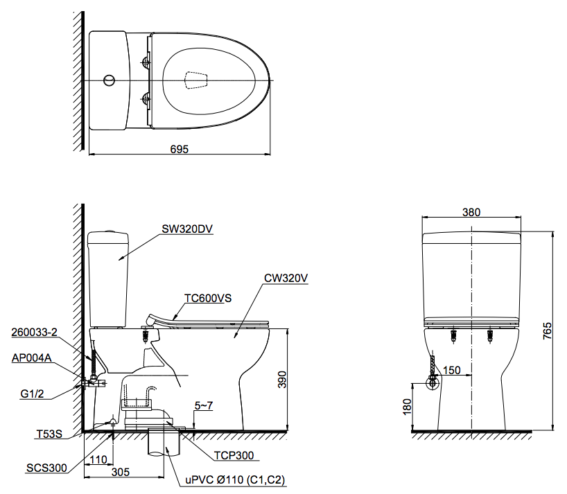 Bồn cầu 2 khối TOTO CS320PDRT8 nắp đóng êm TC600VS thoát ngang