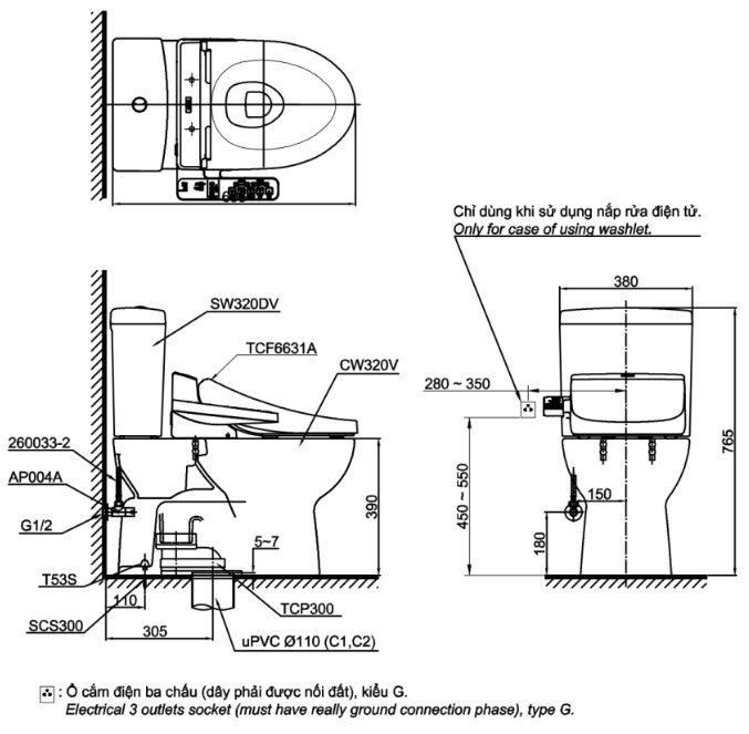 Bồn cầu 2 khối nắp rửa điện tử TOTO CS320DRW7 - 4