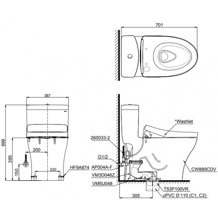 Bồn cầu 1 khối nắp rửa điện tử TOTO MS889CDW12#XW