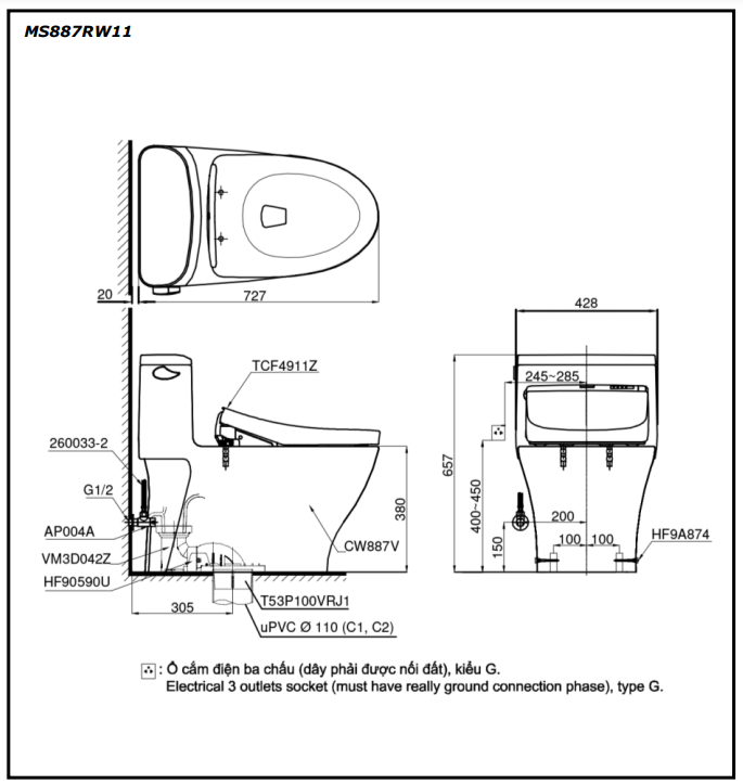 Bồn cầu TOTO MS887RW11 1 khối nắp điện tử Washlet S7 TCF4911Z - 11