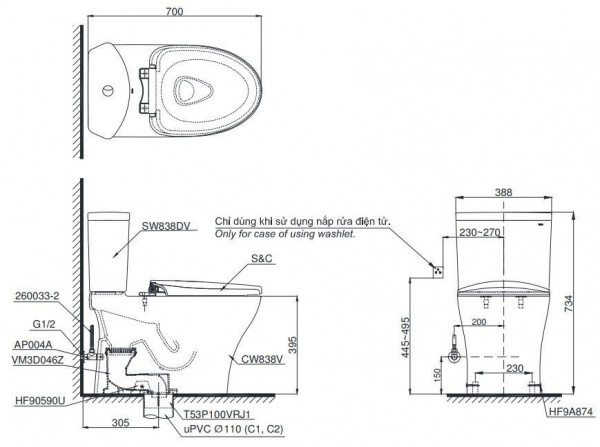 Bồn cầu TOTO CS838CDW15 2 khối nắp điện tử Washlet C5 TCF24460AAA giấu dây - 2