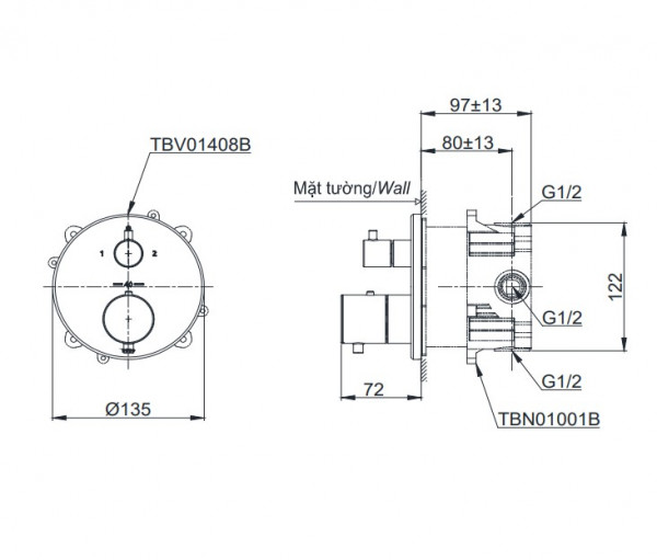 Van điều chỉnh nhiệt độ kèm nút chuyển hướng và phụ kiện âm tường TOTO TBV01408B TBN01001B - 2