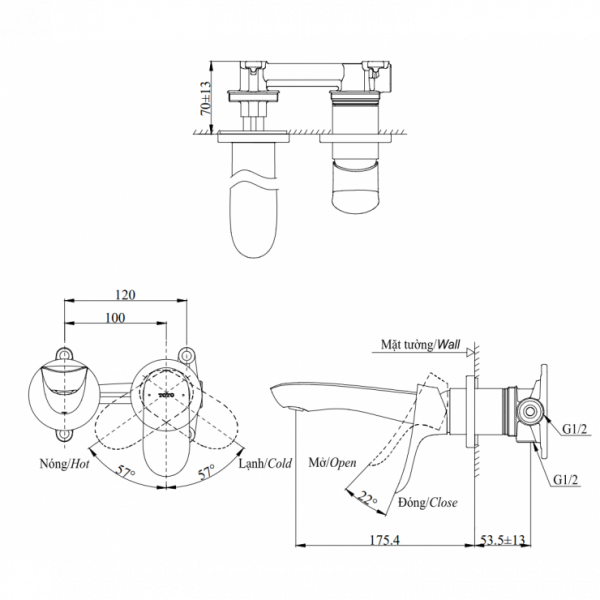 Vòi lavabo nóng lạnh gắn tường GO TOTO TLG01310BB - 3