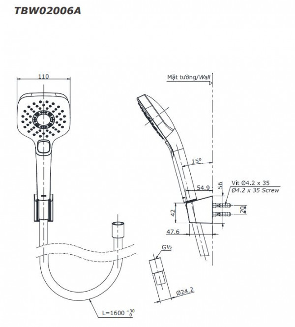 Set sen tắm âm tường 3 đường nước nhiệt độ TOTO GLOBAL FITTINGS TBW02004A - 11