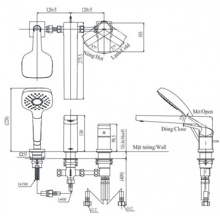 Vòi xả bồn tắm TOTO TBG10305AA nóng lạnh kèm tay sen