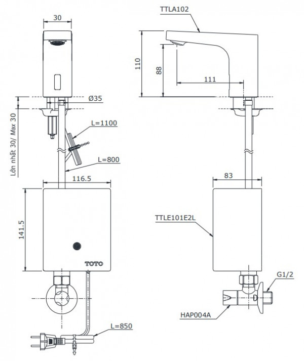 Vòi lavabo cảm ứng TOTO TTLA102 TTLE101E2L HAP004A(nước lạnh - dùng điện) - 2