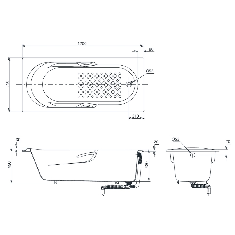 Bồn tắm TOTO FBY1720NHPE#W gang tráng men 1m7 tay vịn - 2