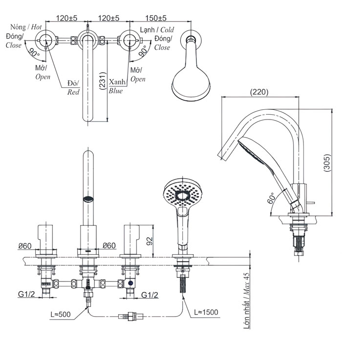 Vòi xả bồn tắm TOTO TBG11202A nóng lạnh kèm tay sen - 13