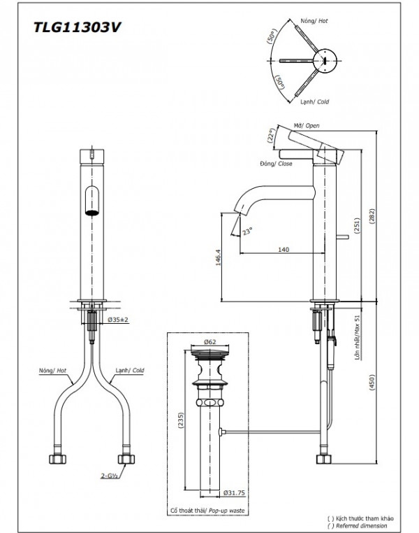 Vòi lavabo nóng lạnh GF TOTO TLG11303V - 22