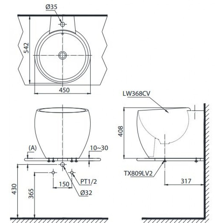 Bản vẽ kỹ thuật 2D chậu rửa lavabo LT368 TOTO đặt bàn