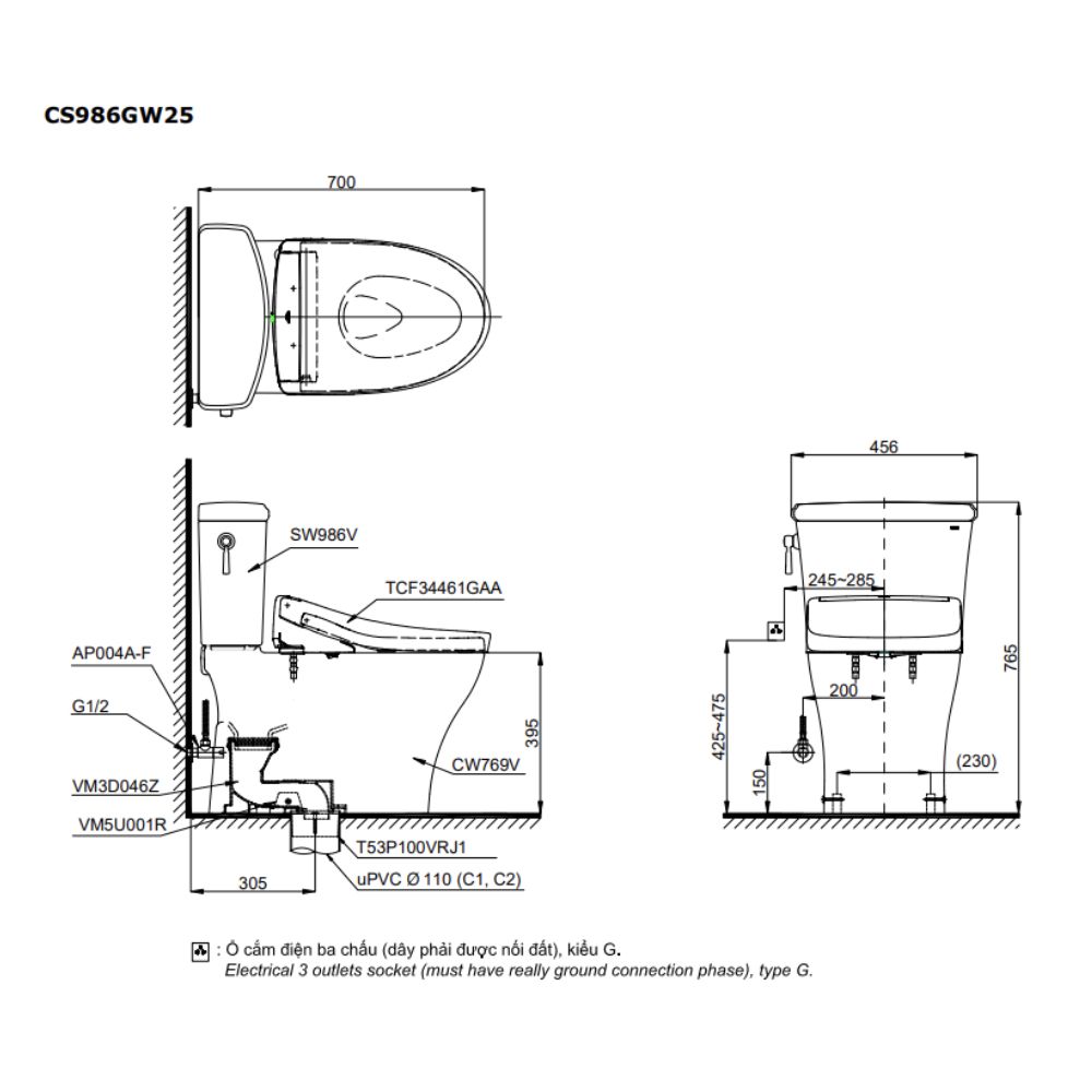 Bồn cầu TOTO CS986GW25 2 khối nắp điện tử Washlet S5 TCF34461GAA - 2