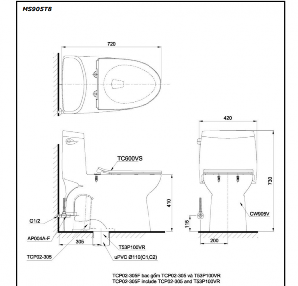 Bồn cầu 1 khối TOTO MS905T8#XW nắp đóng êm TC600VS - 2
