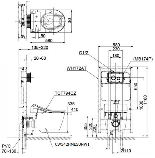 Bồn cầu treo tường điện tử RX (giấu dây)TOTO CW542HME5U TCF794CZ WH172AT MB175M - 2