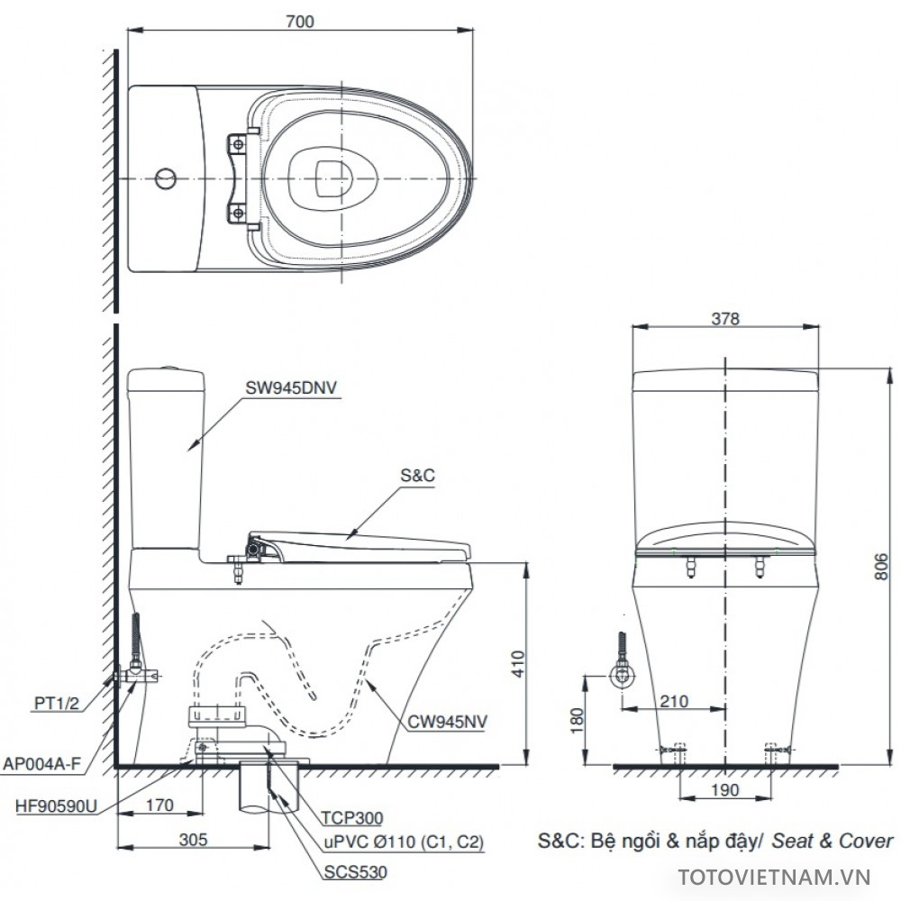 Bồn cầu 2 khối nắp rửa điện tử TOTO CS945DNW6 - 2