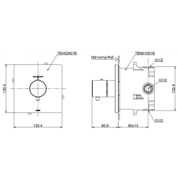 Van điều chỉnh nhiệt độ TOTO TBV02401B kèm phụ kiện âm tường TBN01001B