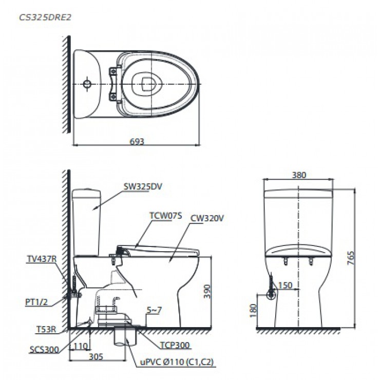 Bồn cầu TOTO CS325DRE2 2 khối nắp rửa cơ TCW07S