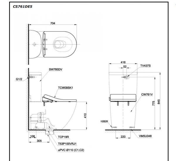 Bồn cầu TOTO nắp rửa cơ Eco Washer CS761DE5 - 2