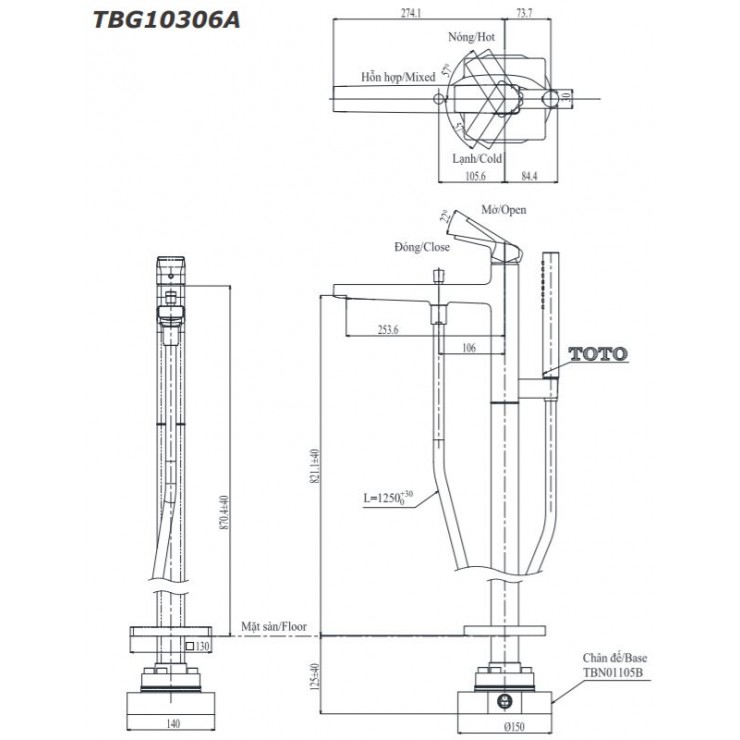 Vòi xả bồn tắm TOTO TBG10306AA đặt sàn nóng lạnh - 29