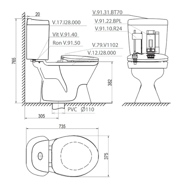 Bồn cầu 2 khối Viglacera VI28 nắp thường (+ lavabo VTL2) - 2