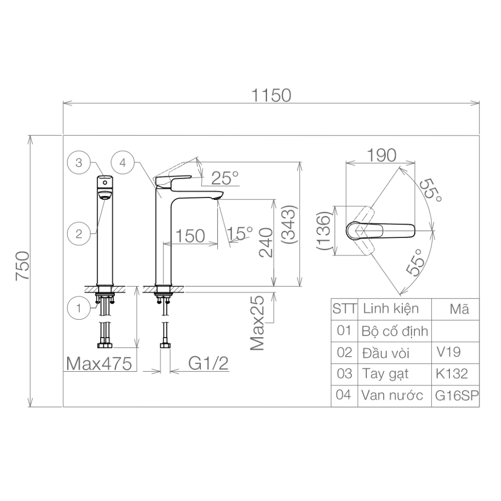Vòi chậu lavabo nóng lạnh Viglacera VG132.1