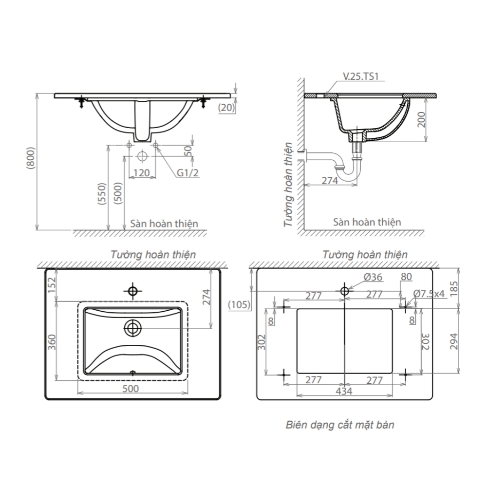 Chậu lavabo âm bàn Viglacera TS1 - 2