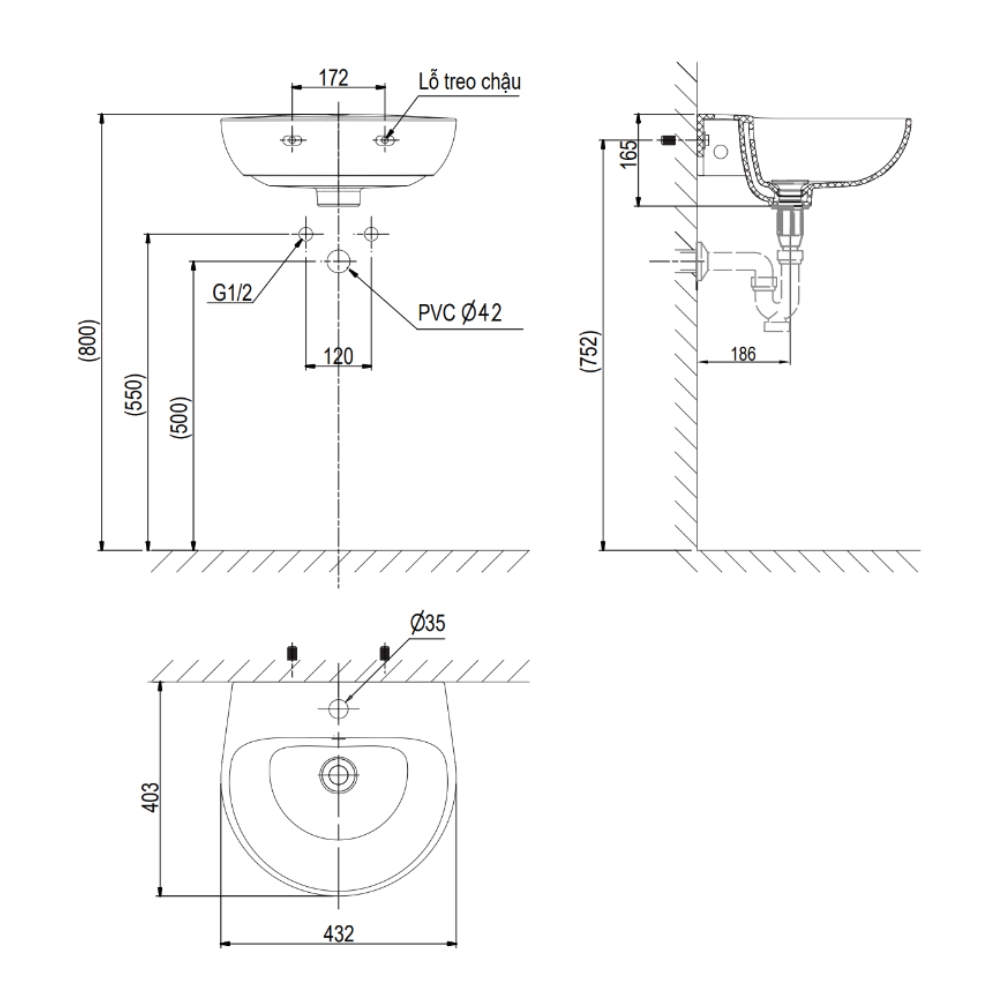 Chậu rửa lavabo treo tường Viglacera V523