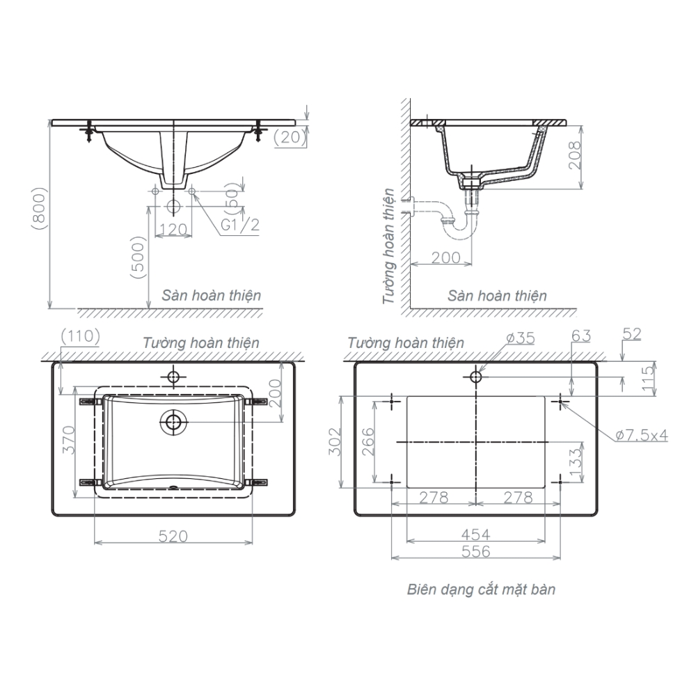 Chậu lavabo âm bàn Viglacera US2 - 2