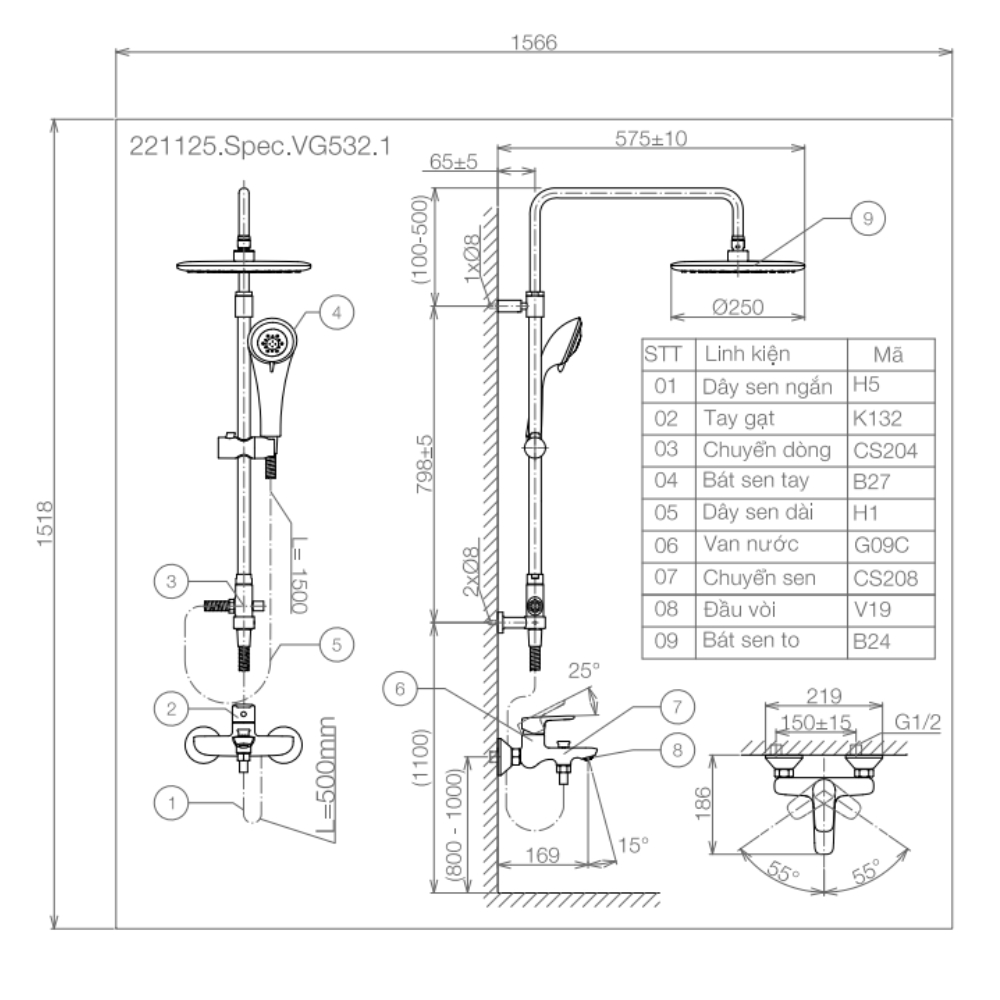 Sen ghép nóng lạnh có vòi Viglacera VG532.1 - 2