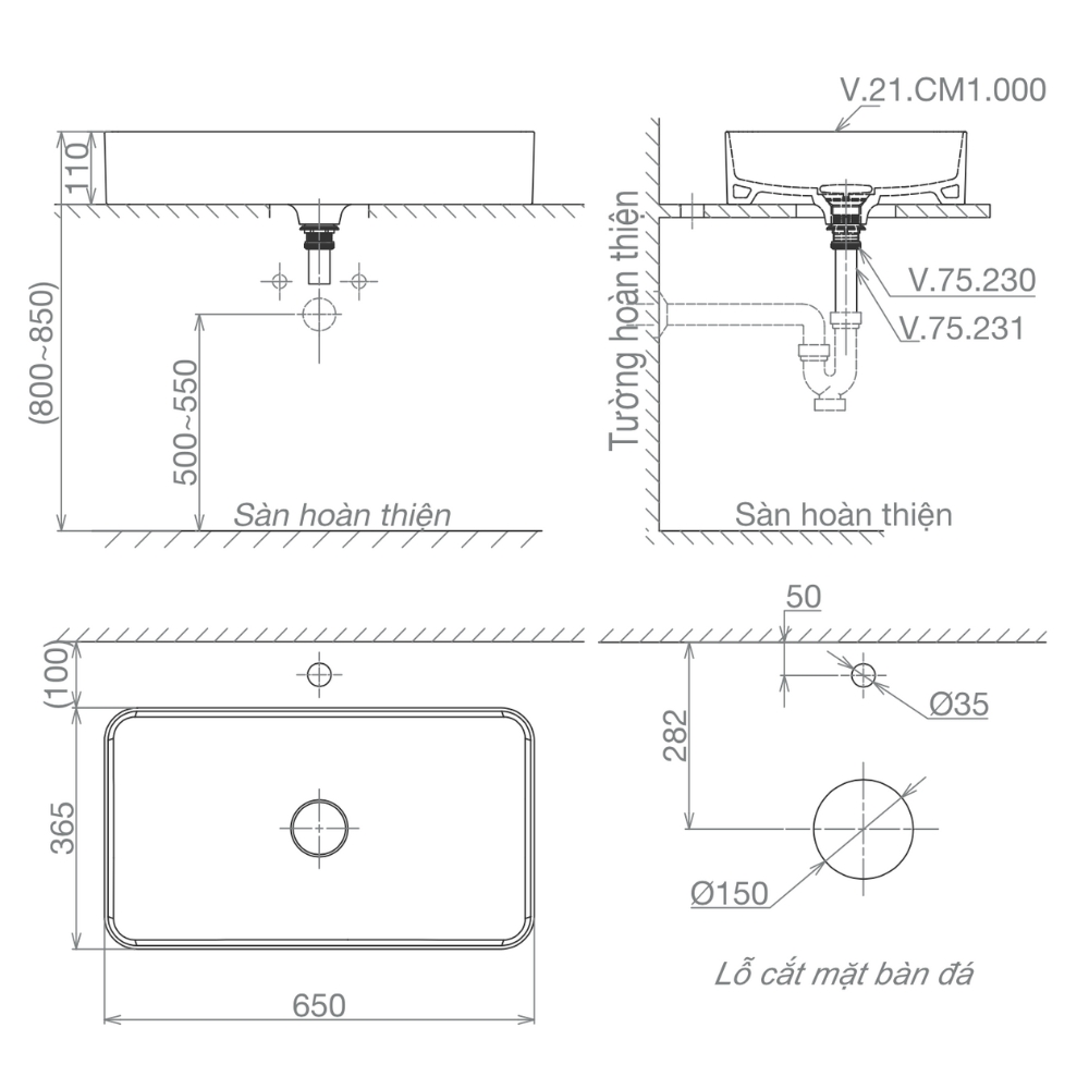Chậu lavabo đặt bàn Viglacera Platinum P.21.140 - 2