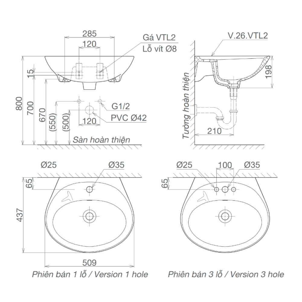 Chậu rửa lavabo treo tường Viglacera VTL2