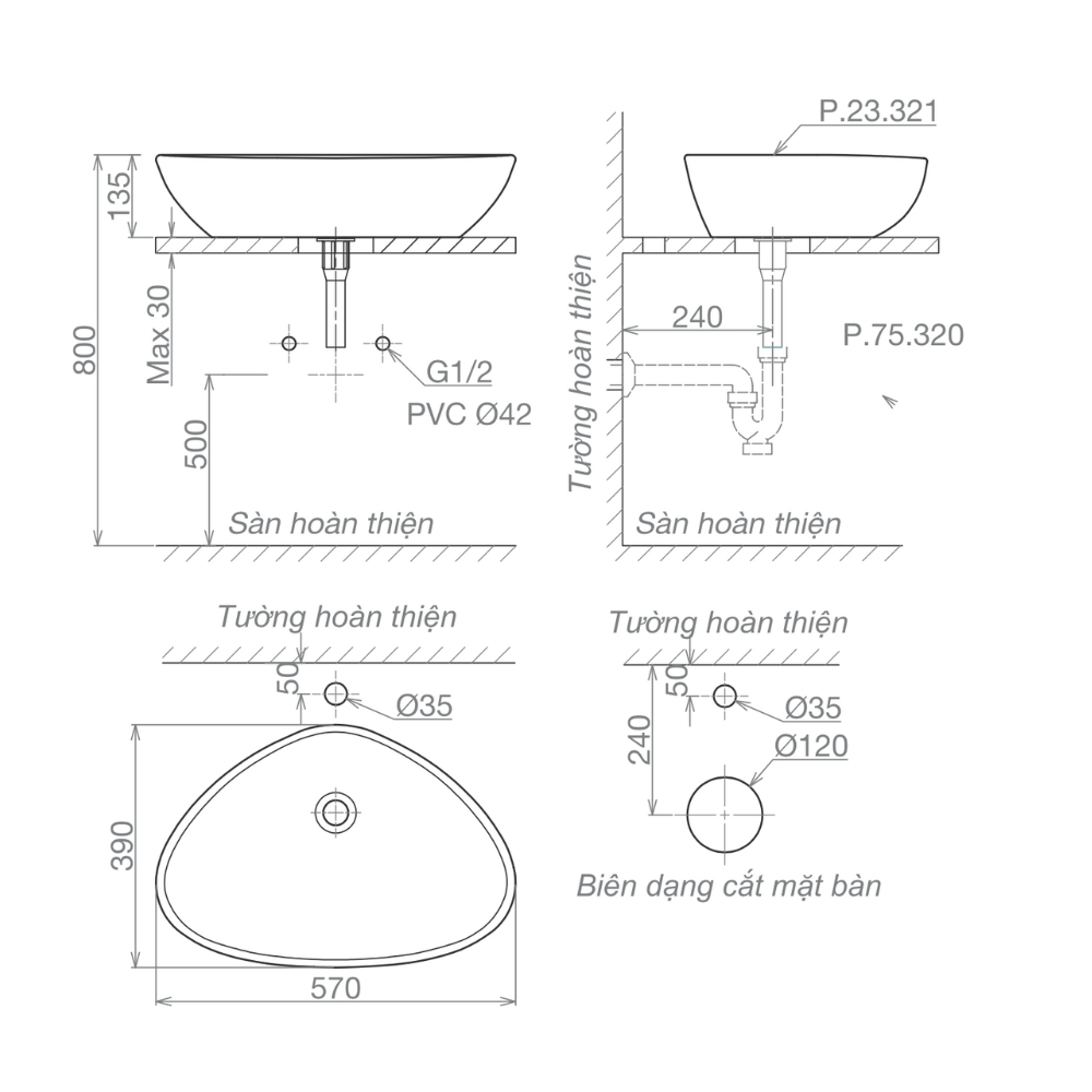 Chậu lavabo đặt bàn Viglacera Platinum P.23.321 - 2