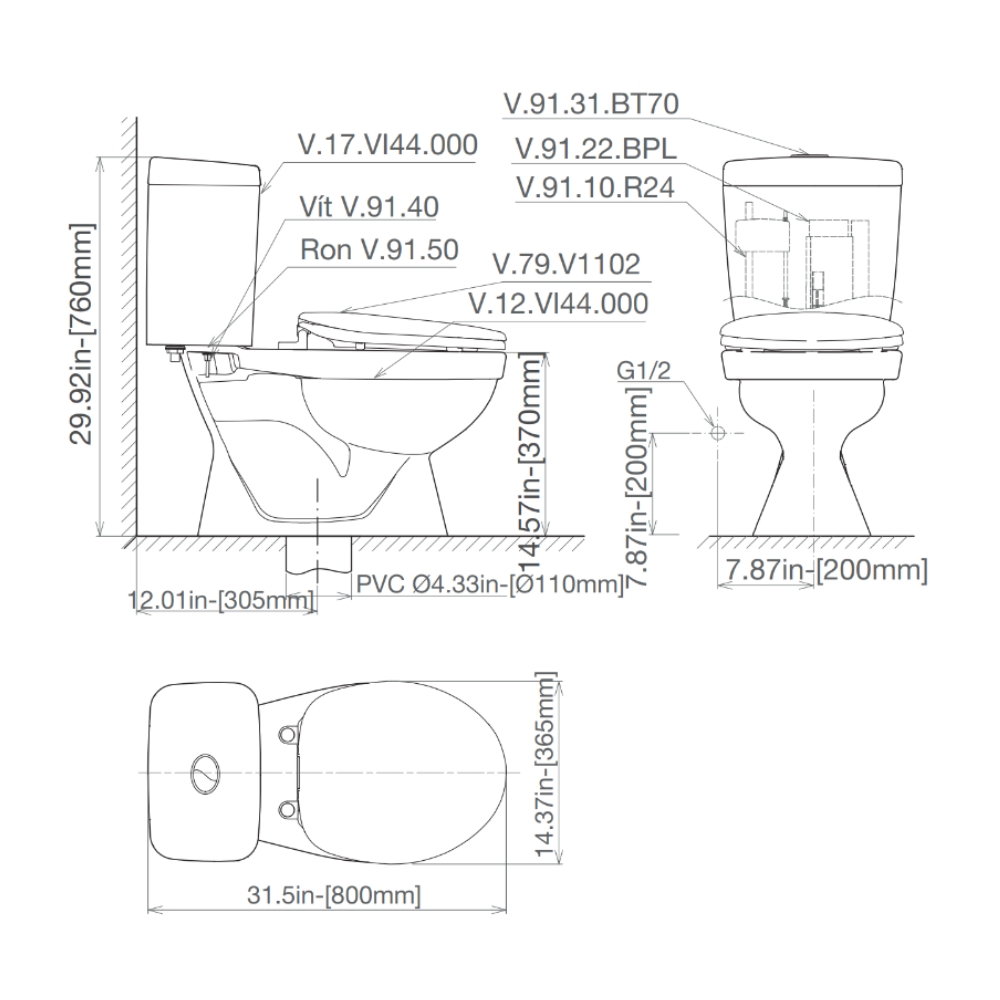 Bồn cầu 2 khối Viglacera VI44 nắp thường (+ lavabo VTL2) - 2