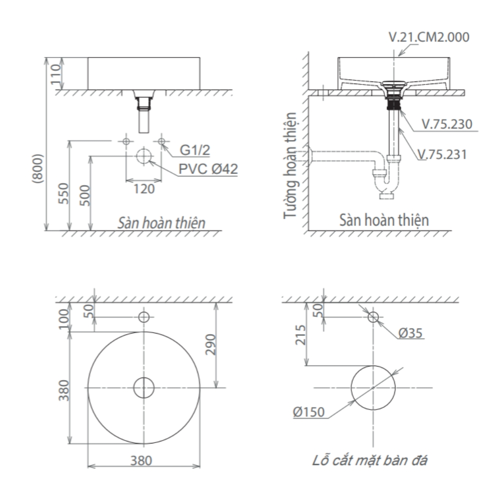 Chậu lavabo đặt bàn Viglacera CM02 - 2