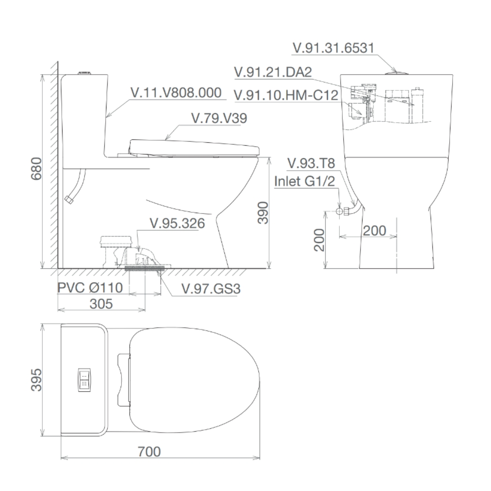 Bồn cầu 1 khối Viglacera V808 nắp êm (+ vòi xịt VG826 & van VG853)