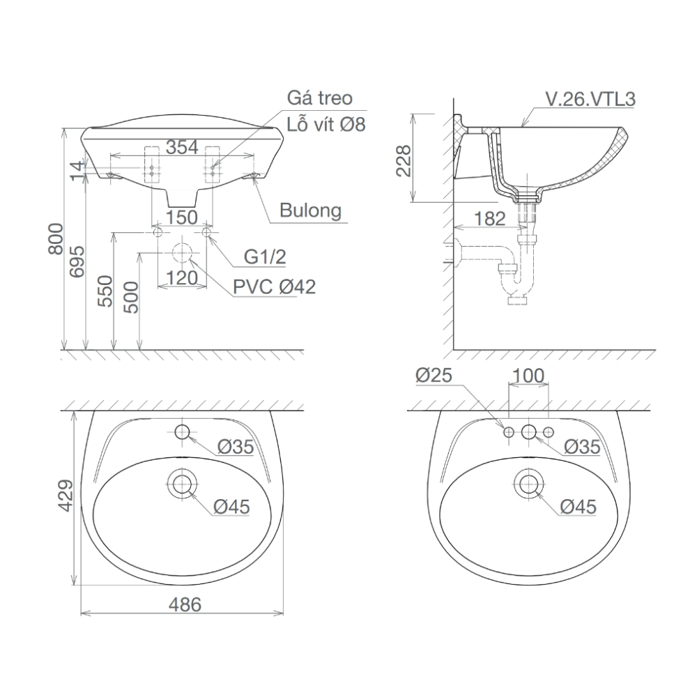 Chậu rửa lavabo treo tường Viglacera VTL3