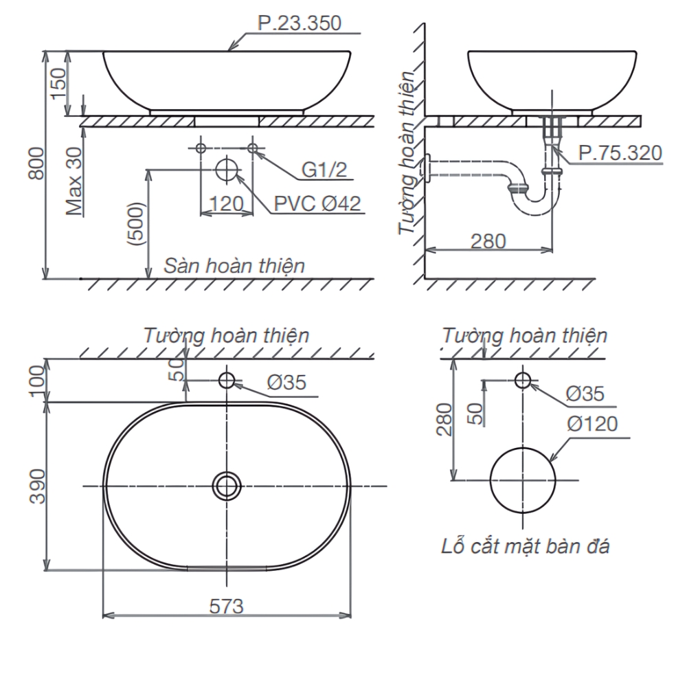 Chậu lavabo đặt bàn Viglacera Platinum P.23.350 - 9