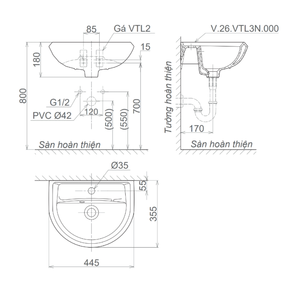Chậu rửa lavabo treo tường Viglacera VTL3N - 2