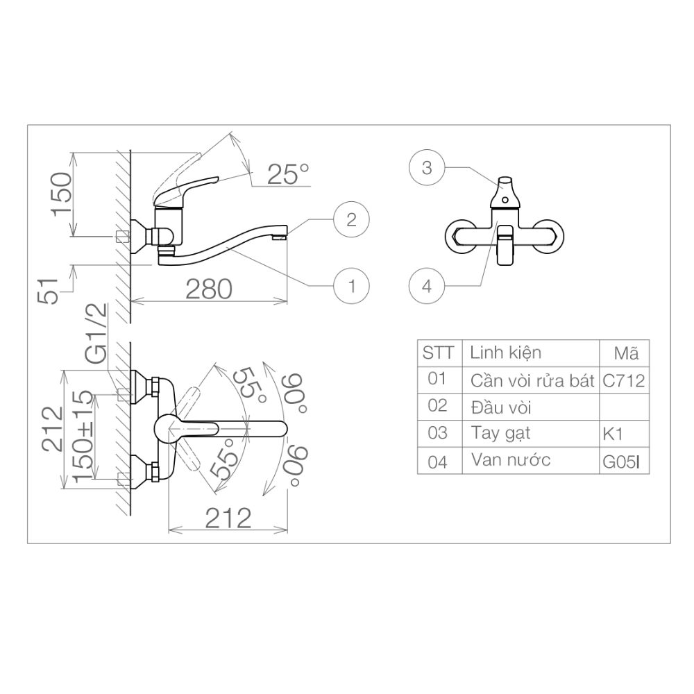 Vòi rửa chén gắn tường nóng lạnh Viglacera VG701
