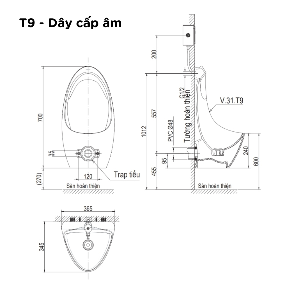 Bồn tiểu nam treo tường Viglacera T9 - 3