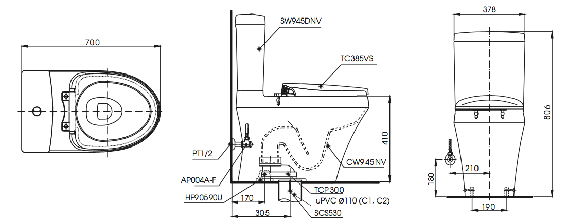 Bồn cầu 2 khối TOTO CS945DNT3 kèm nắp đóng êm TC385VS - 5