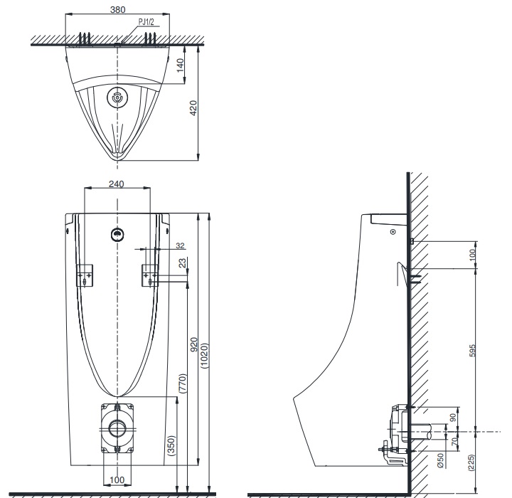 Bồn tiểu nam TOTO USWN900A HHF90603 treo tường kèm van cảm ứng USWN900A#XW/HHF90603 - 4